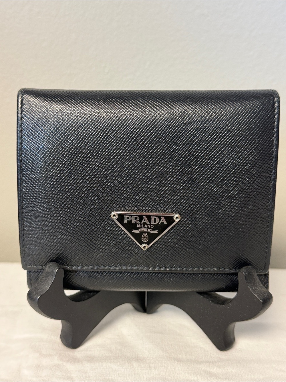 Prada Saffiano Leather Bifold Wallet Black Triangle Logo Made in Italy